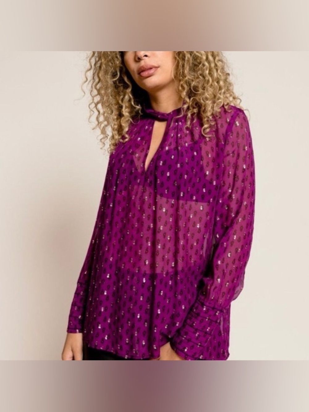 Ba&sh Cabri Printed Keyhole Long-sleeve Top Purple Sequined Size Small